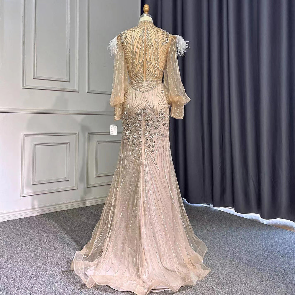 Silver Mermaid Elegant Avond Jurken 2025 Volledige Mouwen Luxe Veren Kralen Voor Vrouwen Party LA71036A