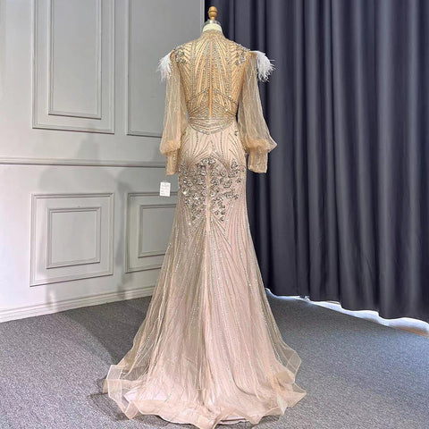 Sirena plateada elegante Avond Jurken 2025 Volledige Mouwen Luxe Veren Kralen Voor Vrouwen Party LA71036A 