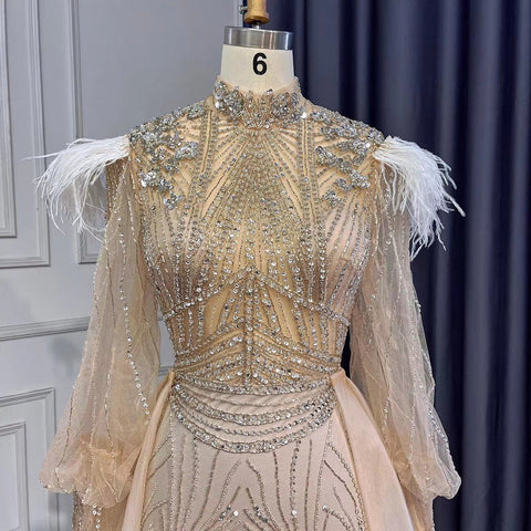 Sirena plateada elegante Avond Jurken 2025 Volledige Mouwen Luxe Veren Kralen Voor Vrouwen Party LA71036A 