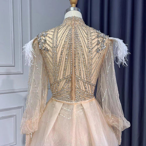 Sirena plateada elegante Avond Jurken 2025 Volledige Mouwen Luxe Veren Kralen Voor Vrouwen Party LA71036A 