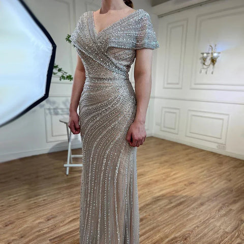 Luxury Silver Nude Mermaid Evening Dresses for Party LA71686