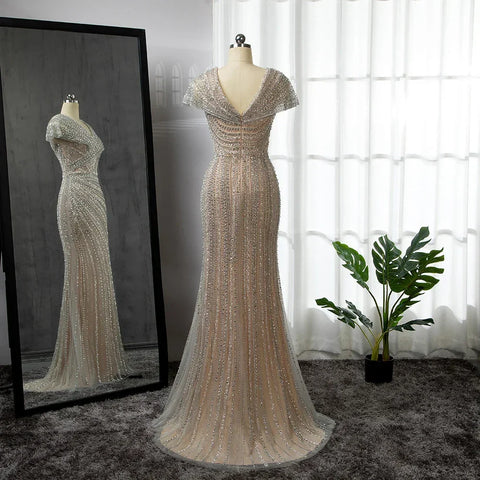 Luxury Silver Nude Mermaid Evening Dresses for Party LA71686