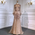 Silver Mermaid Luxury Beaded Evening Dress Gown Full Sleeves LA71036 (On Sale, No Return, No Refund)