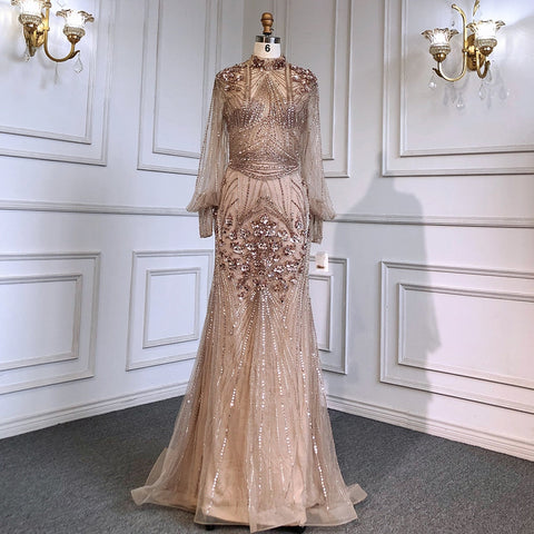 Vestido de noche de lujo con cuentas, corte sirena plateado, mangas largas LA71036 (En oferta, sin devolución ni reembolso)