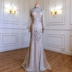 Silver Mermaid Luxury Beaded Evening Dress Gown Full Sleeves LA71036 (On Sale, No Return, No Refund)