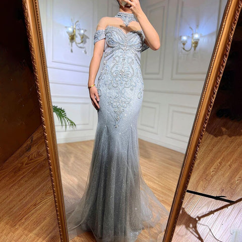 Vestidos de noche de lujo con corte sirena plateados y cuentas de perlas, elegantes para mujer, para fiesta de bodas LA71870 