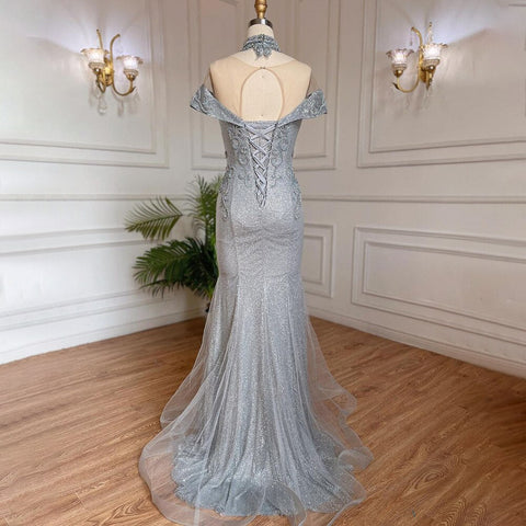 Vestidos de noche de lujo con corte sirena plateados y cuentas de perlas, elegantes para mujer, para fiesta de bodas LA71870 