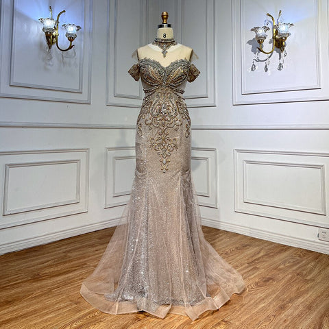 Vestidos de noche de lujo con corte sirena plateados y cuentas de perlas, elegantes para mujer, para fiesta de bodas LA71870 