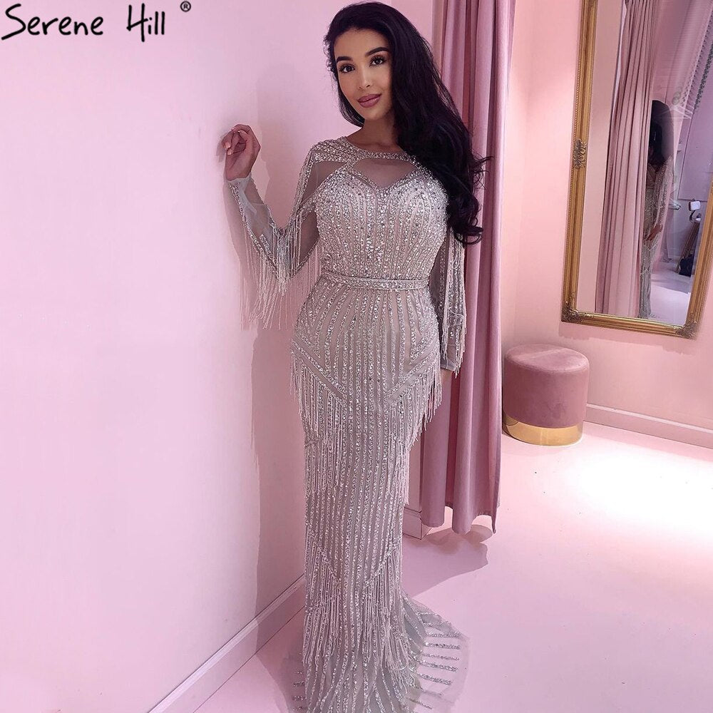 Silver Muslim Luxury Evening Dresses Gowns 2025 Mermaid Beading Tassel Elegant For Woman Party LA71166