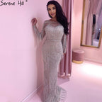 Silver Muslim Luxury Evening Dresses Gowns 2025 Mermaid Beading Tassel Elegant For Woman Party LA71166