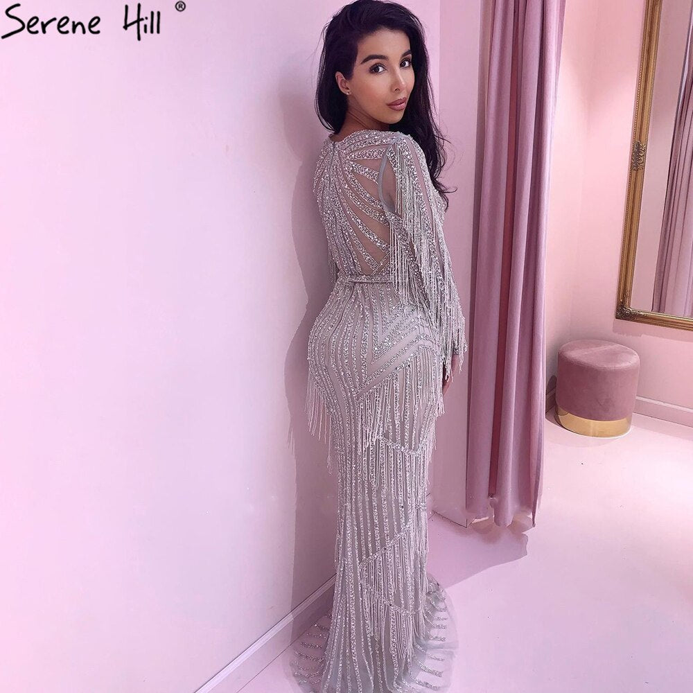 Silver Muslim Luxury Evening Dresses Gowns 2025 Mermaid Beading Tassel Elegant For Woman Party LA71166