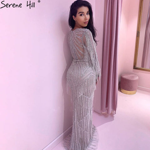 Vestidos de noche musulmanes de lujo plateados, estilo sirena, con borlas y abalorios, elegantes para mujer, para fiesta, LA71166 
