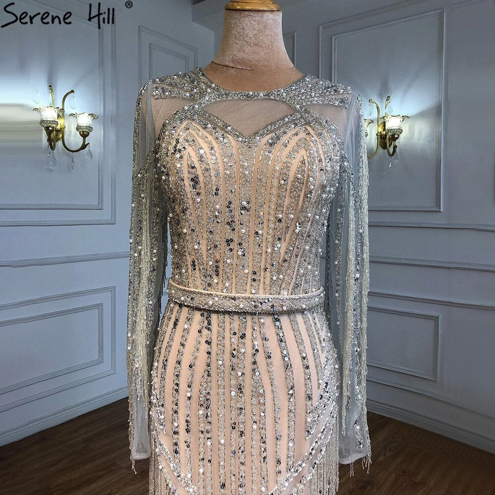 Silver Muslim Luxury Evening Dresses Gowns 2025 Mermaid Beading Tassel Elegant For Woman Party LA71166