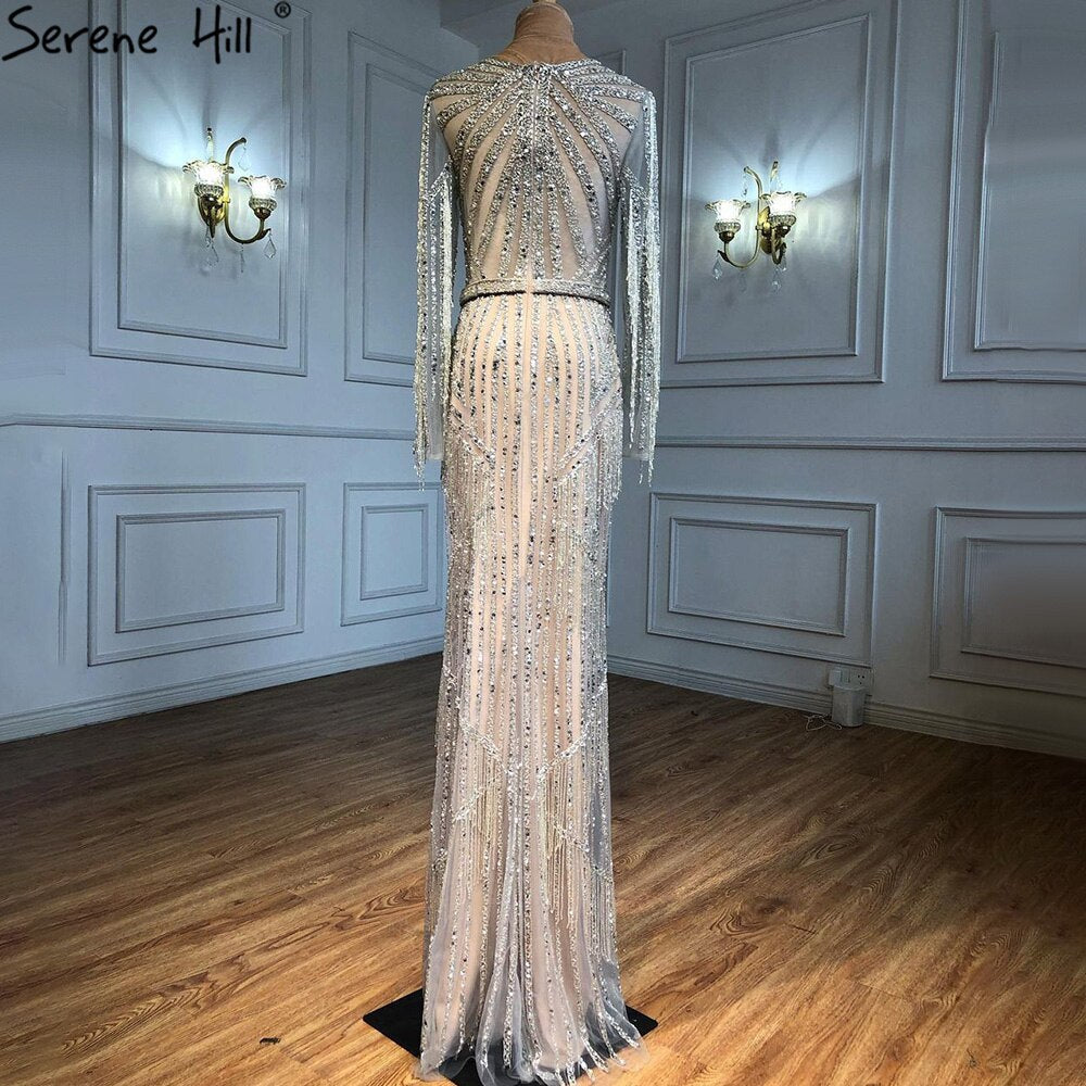 Silver Muslim Luxury Evening Dresses Gowns 2025 Mermaid Beading Tassel Elegant For Woman Party LA71166