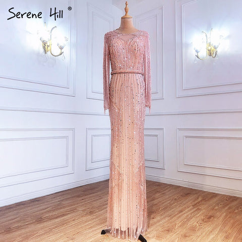 Vestidos de noche musulmanes de lujo plateados, estilo sirena, con borlas y abalorios, elegantes para mujer, para fiesta, LA71166 