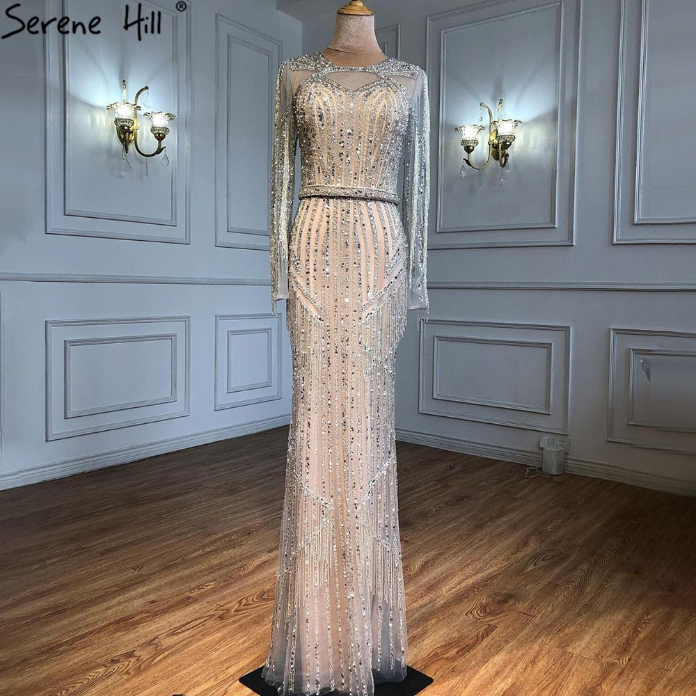 Silver Muslim Luxury Evening Dresses Gowns 2025 Mermaid Beading Tassel Elegant For Woman Party LA71166