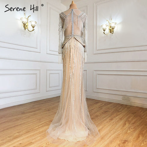 Elegante vestido de noche de lujo color nude plateado, corte sirena, con borlas y cuentas, para mujer, fiesta, LA71295 