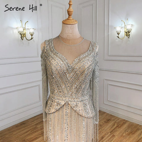 Elegante vestido de noche de lujo color nude plateado, corte sirena, con borlas y cuentas, para mujer, fiesta, LA71295 