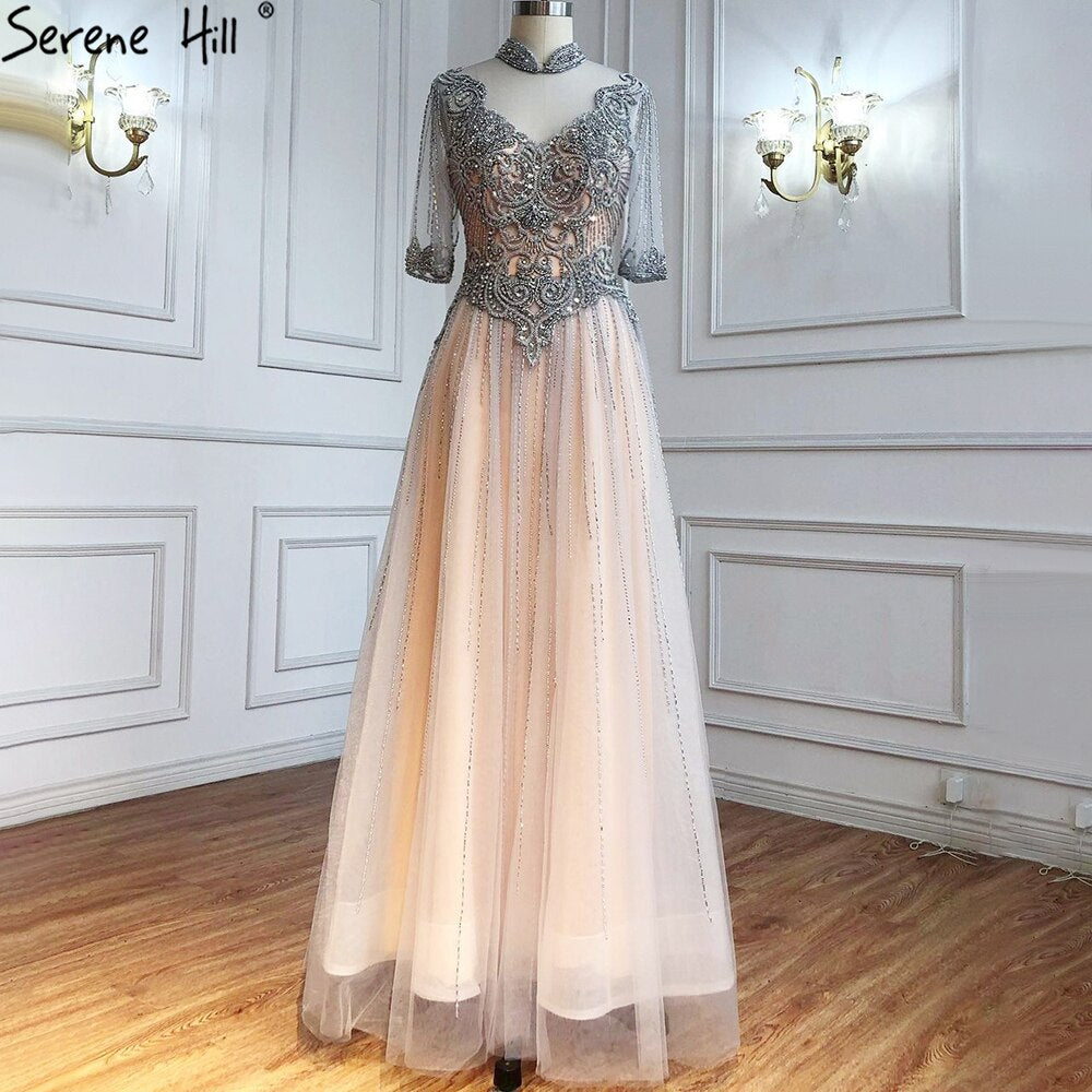 Silver Nude Luxury Evening Dresses Gowns 2025 Beaded A-Line Sexy For Woman Wedding Party  LA71186