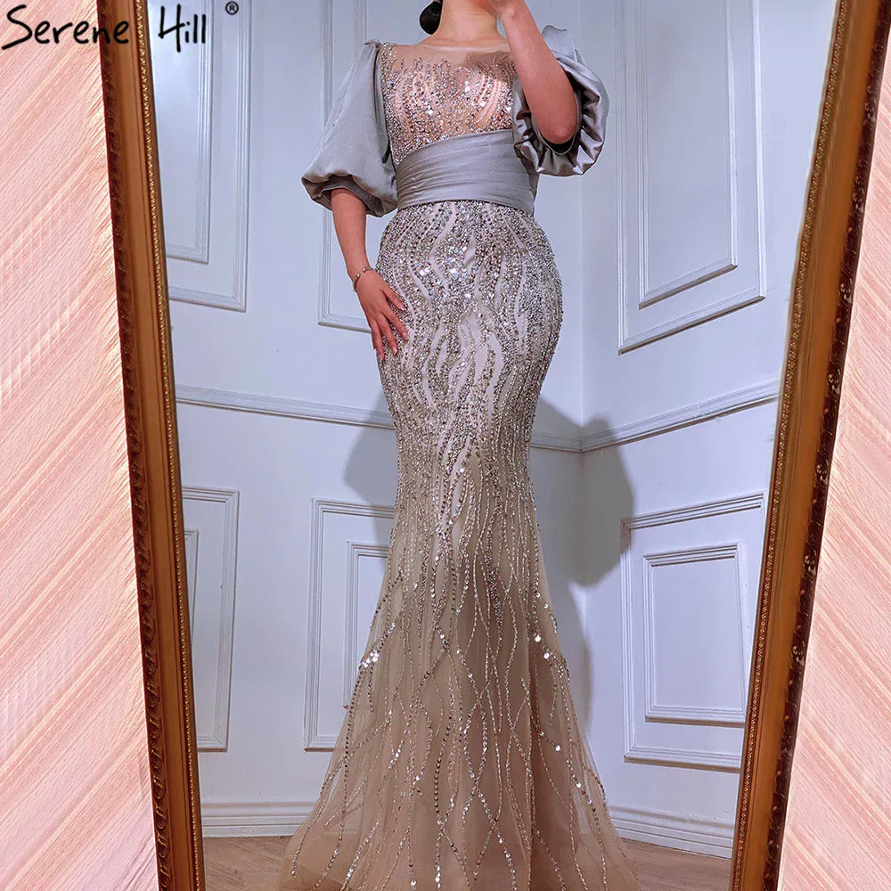 Silver Nude Luxury Mermaid  Beaded Evening Dresses Gowns  Puffy Sleeves Elegant For Women Party  LA70809