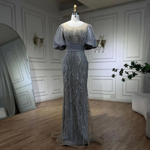 Vestido de noche de sirena de lujo color nude plateado con cuentas y mangas abullonadas, elegante para mujer para fiesta LA70809 