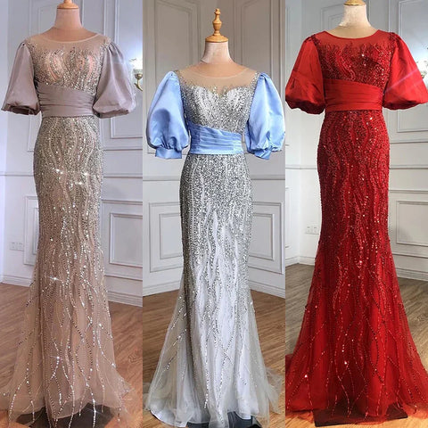 Vestido de noche de sirena de lujo color nude plateado con cuentas y mangas abullonadas, elegante para mujer para fiesta LA70809 