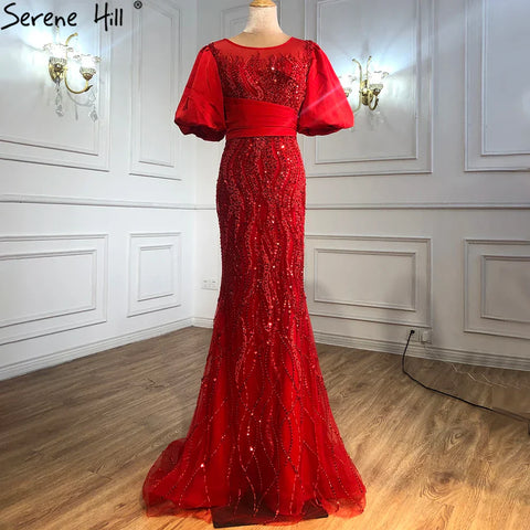 Vestido de noche de sirena de lujo color nude plateado con cuentas y mangas abullonadas, elegante para mujer para fiesta LA70809 