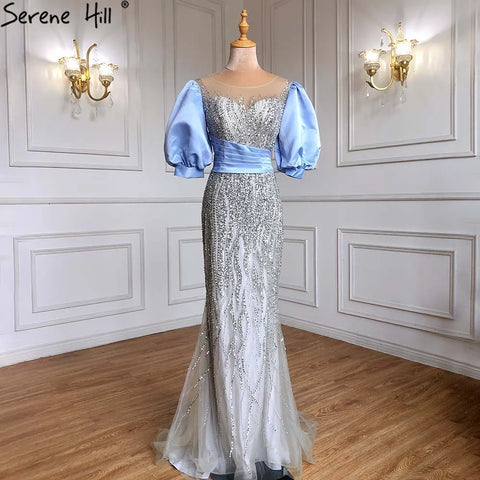 Vestido de noche de sirena de lujo color nude plateado con cuentas y mangas abullonadas, elegante para mujer para fiesta LA70809 