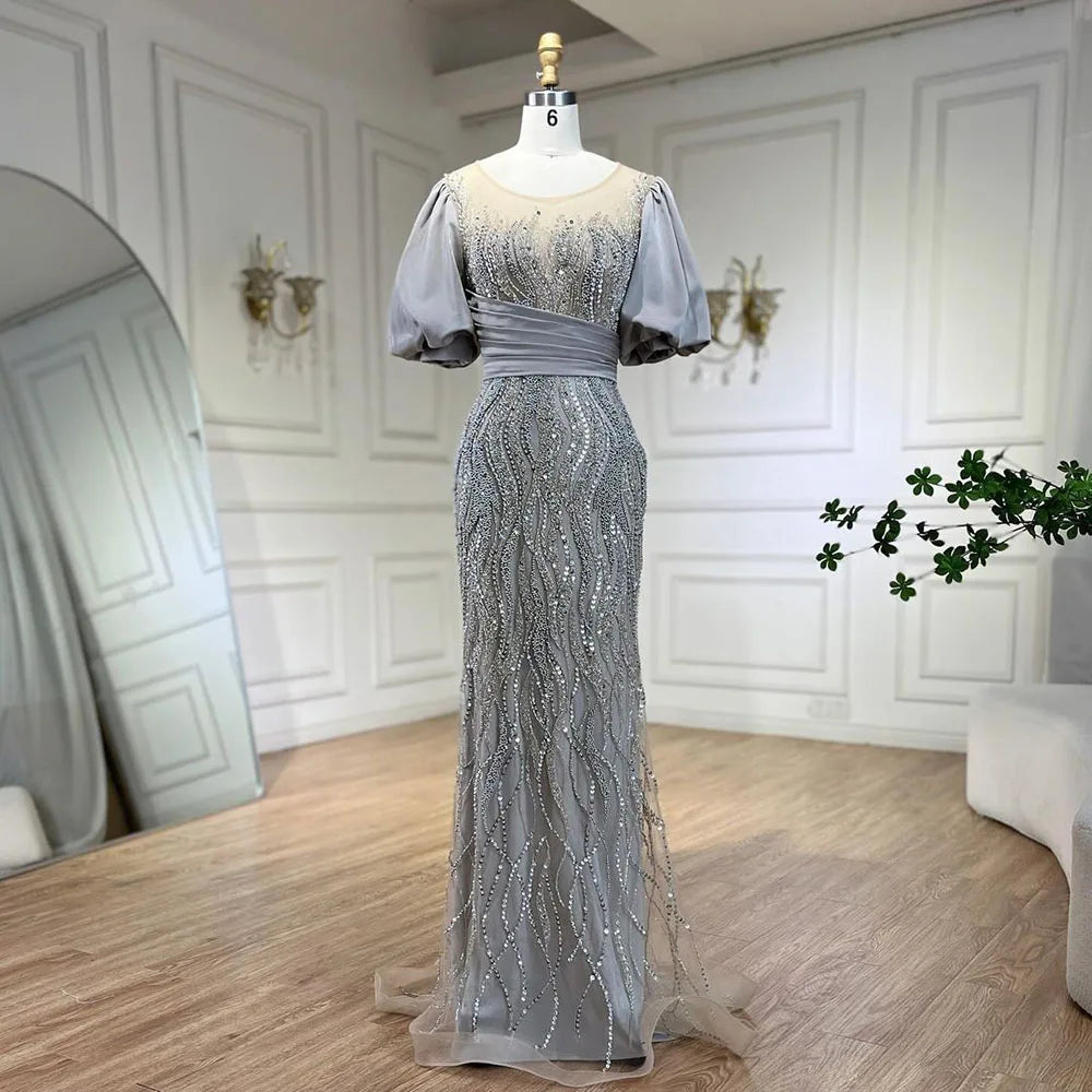 Silver Nude Luxury Mermaid  Beaded Evening Dresses Gowns  Puffy Sleeves Elegant For Women Party  LA70809