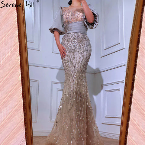 Vestido de noche de sirena de lujo color nude plateado con cuentas y mangas abullonadas, elegante para mujer para fiesta LA70809 