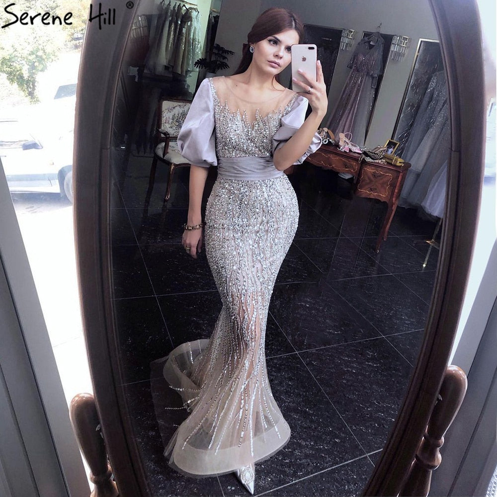 Silver Nude Luxury Mermaid  Beading Evening Dresses Gowns  Puffy Sleeves Elegant For Women Party  LA70809