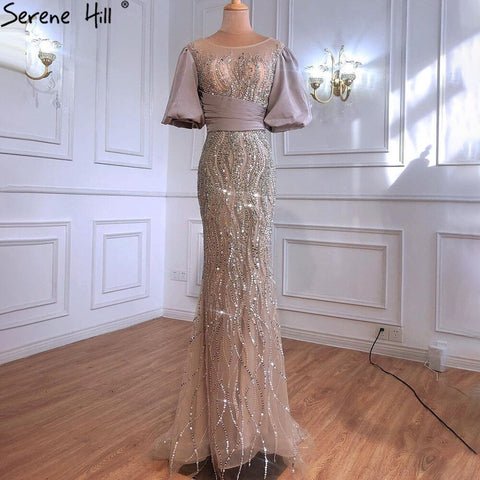 Vestido de noche de sirena de lujo color nude plateado con cuentas y mangas abullonadas, elegante para mujer, fiesta LA70809 
