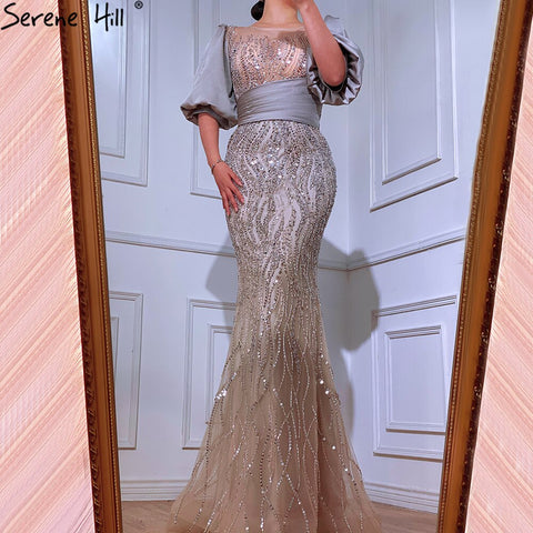 Vestido de noche de sirena de lujo color nude plateado con cuentas y mangas abullonadas, elegante para mujer, fiesta LA70809 