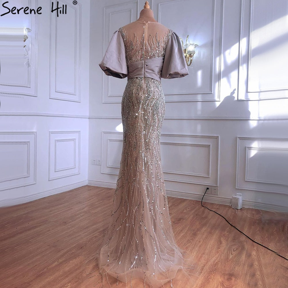 Silver Nude Luxury Mermaid  Beading Evening Dresses Gowns  Puffy Sleeves Elegant For Women Party  LA70809