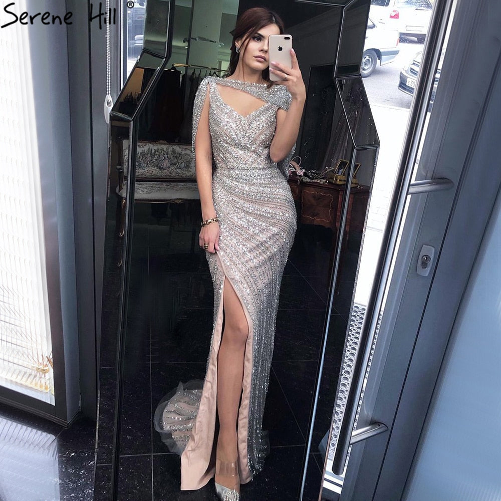 Silver Nude Luxury Mermaid Evening Dresses Gowns 2025 Beading Sparkle Elegant For Women Party  LA70752