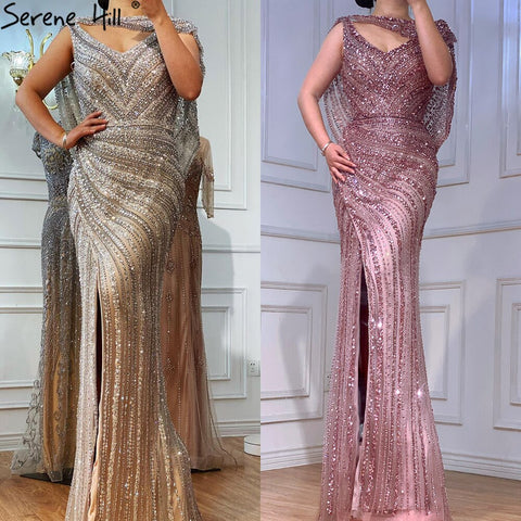 Vestidos de noche de sirena de lujo color nude plateado, 2025, con cuentas brillantes, elegantes para mujer, fiesta LA70752 