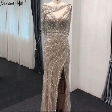 Vestidos de noche de sirena de lujo color nude plateado, 2025, con cuentas brillantes, elegantes para mujer, fiesta LA70752 