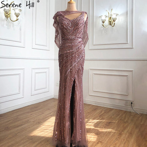 Vestidos de noche de sirena de lujo color nude plateado, 2025, con cuentas brillantes, elegantes para mujer, fiesta LA70752 