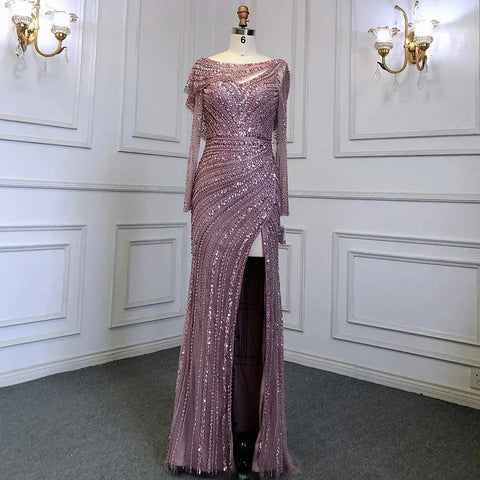 Vestido de noche elegante de sirena color plata nude con abertura alta y cuentas de lujo 2025 para mujer, fiesta LA70752L 