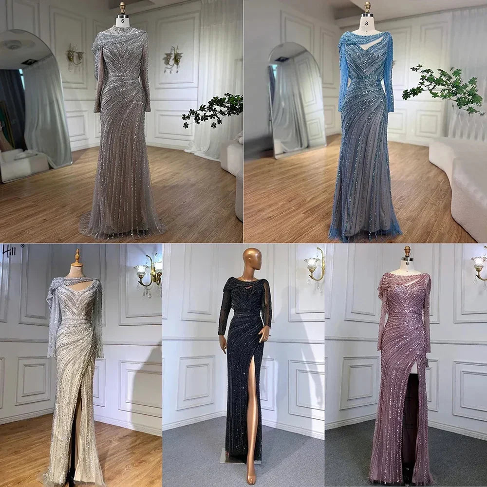 Silver Nude Mermaid Elegant High Spli Evening Dresses Gowns Luxury Beaded 2025 For Women Party LA70752L