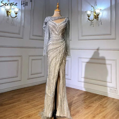 Vestido de noche elegante de sirena color plata nude con abertura alta y cuentas de lujo 2025 para mujer, fiesta LA70752L 