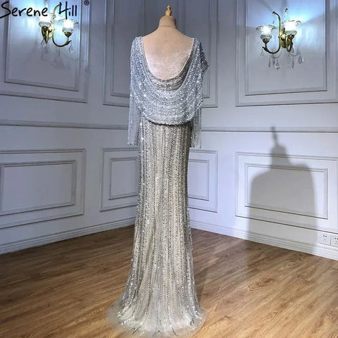 Vestido de noche elegante de sirena color plata nude con abertura alta y cuentas de lujo 2025 para mujer, fiesta LA70752L 