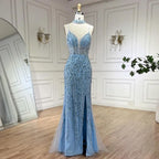 Silver Nude Mermaid Spaghetti with split Strap Beaded Evening Dresses Prom Gowns For Woman Party 2025 LA72047B