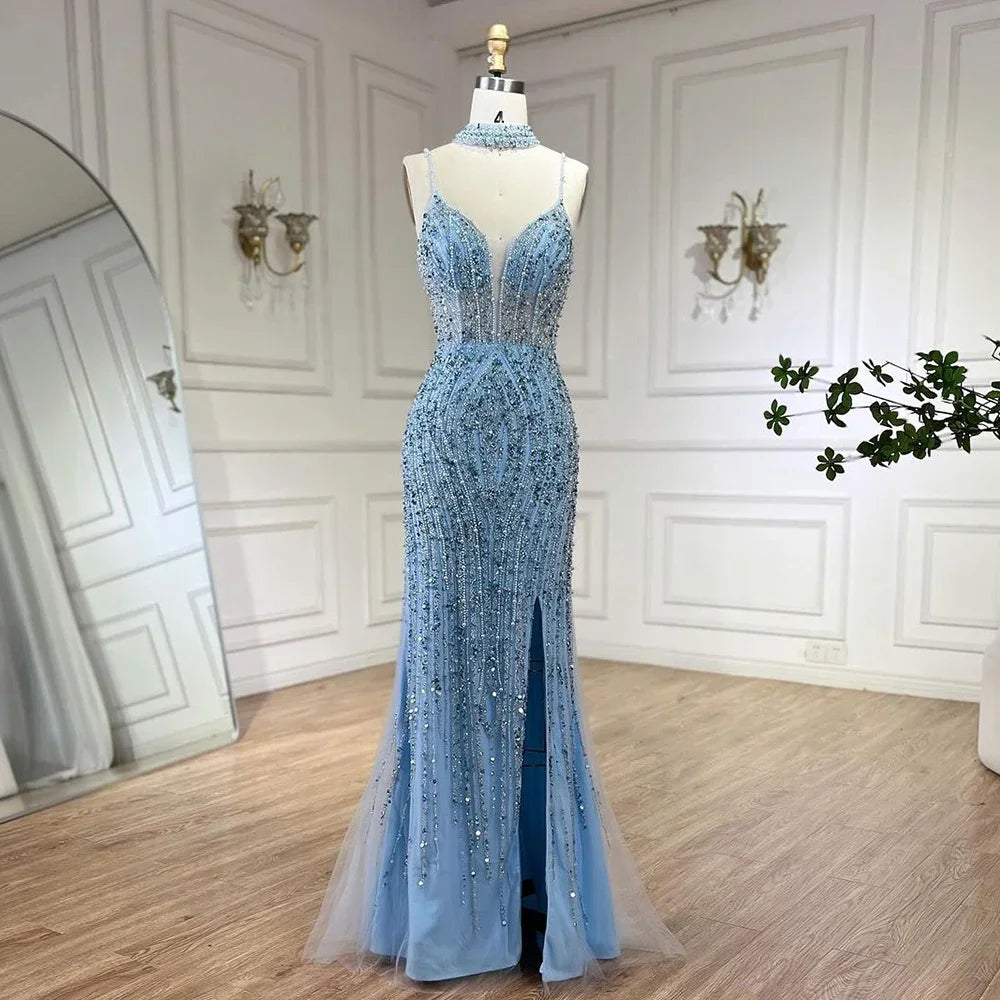 Silver Nude Mermaid Spaghetti with split Strap Beaded Evening Dresses Prom Gowns For Woman Party 2025 LA72047B