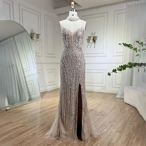 Vestido de noche de sirena color nude plateado con tirantes finos y cuentas, para mujer, para fiesta de graduación 2025 LA72047B 