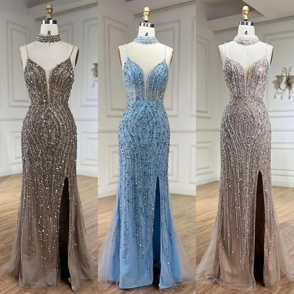 Silver Nude Mermaid Spaghetti with split Strap Beaded Evening Dresses Prom Gowns For Woman Party 2025 LA72047B