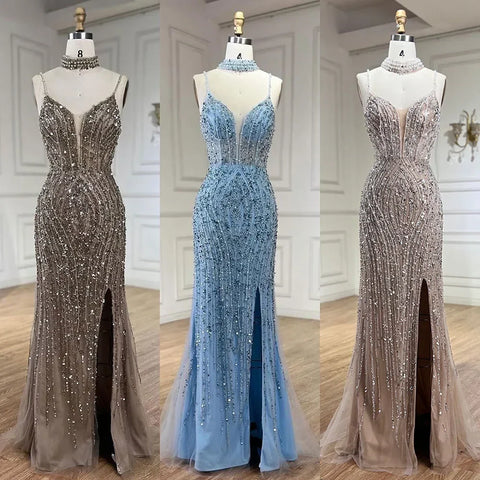 Vestido de noche de sirena color nude plateado con tirantes finos y cuentas, para mujer, para fiesta de graduación 2025 LA72047B 