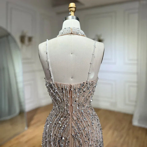Vestido de noche de sirena color nude plateado con tirantes finos y cuentas, para mujer, para fiesta de graduación 2025 LA72047B 