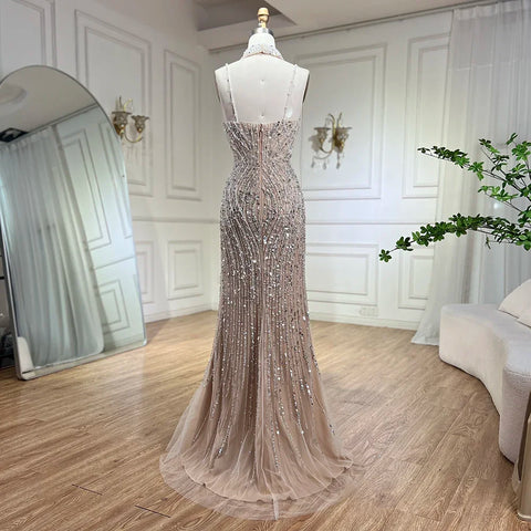 Vestido de noche de sirena color nude plateado con tirantes finos y cuentas, para mujer, para fiesta de graduación 2025 LA72047B 