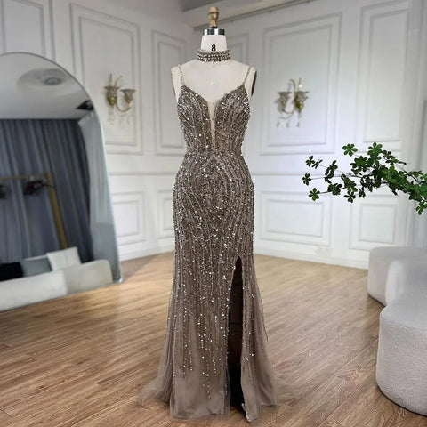 Vestido de noche de sirena color nude plateado con tirantes finos y cuentas, para mujer, para fiesta de graduación 2025 LA72047B 